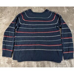 SO Heritage Sweater Womens XL Blue Striped Chunky Knit Cable Sleeve Good Relaxed